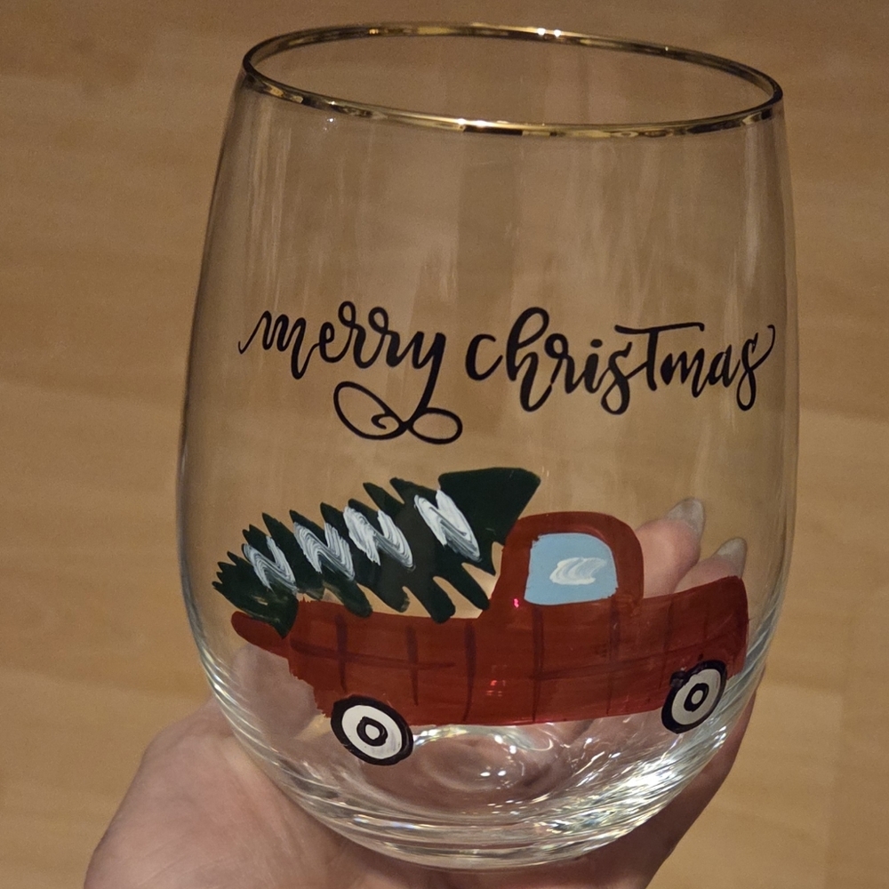 Stemless Gold Rim Wine Glass Holiday Red Truck Hauling Tree 12oz